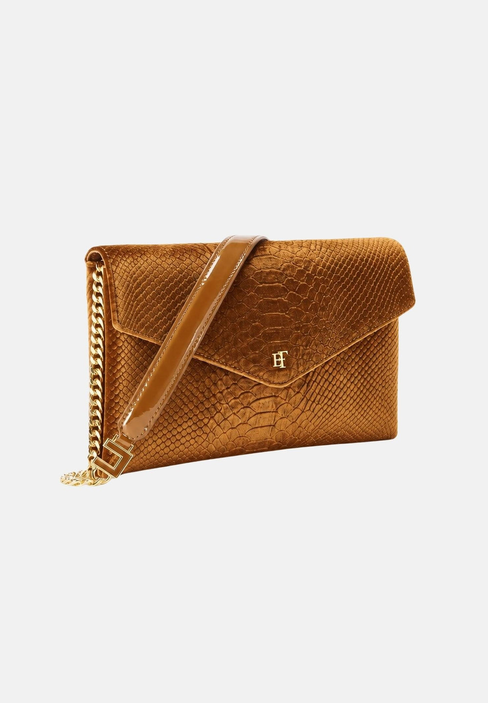 ELISABETTA FRANCHI Women's amber-ochre yellow clutch bag with crocodile print, curb chain, and patent leather finishes.
