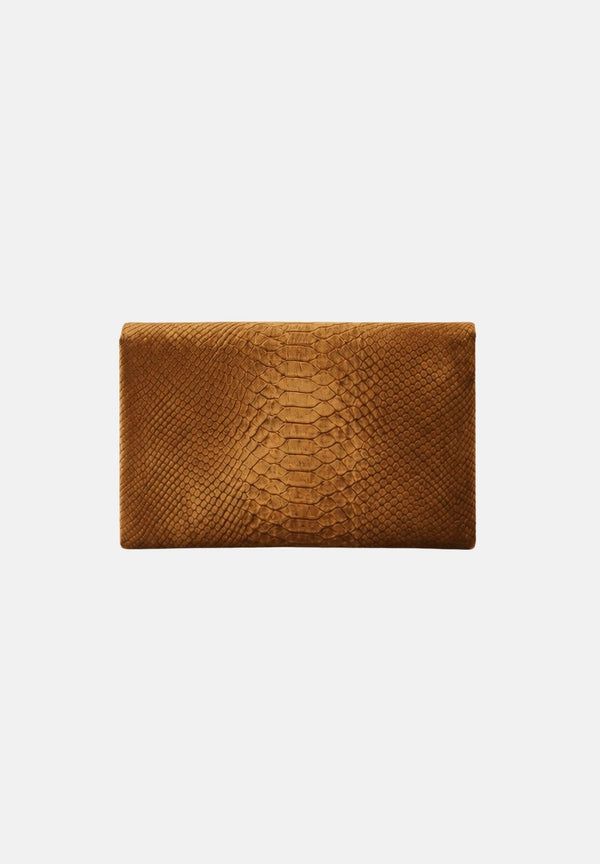 ELISABETTA FRANCHI Women's amber-ochre yellow clutch bag with crocodile print, curb chain, and patent leather finishes.