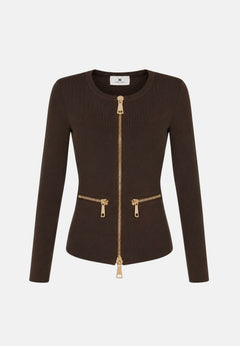 ELISABETTA FRANCHI Women's coffee-brown knitted cardigan with gold metal zip details.