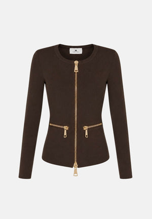 ELISABETTA FRANCHI Women's coffee-brown knitted cardigan with gold metal zip details.