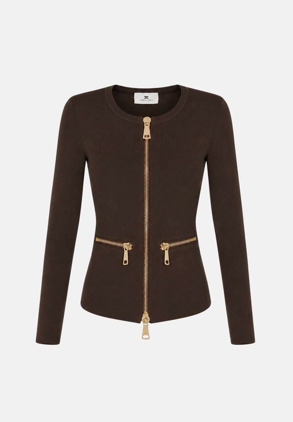 ELISABETTA FRANCHI Women's coffee-brown knitted cardigan with gold metal zip details.