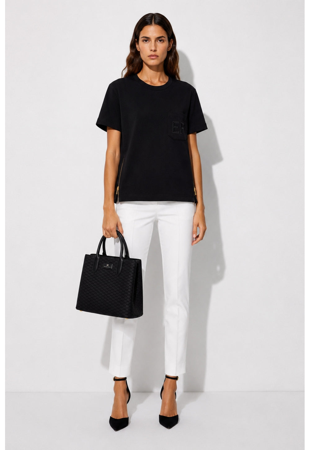 ELISABETTA FRANCHI WOMEN'S FABRIC BAG WITH ALL-OVER LOGO BLK BS01A66E2