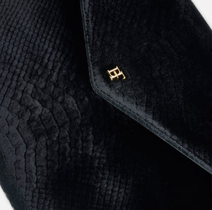 Over-the-shoulder bag made from velvet with a crocodile print texture