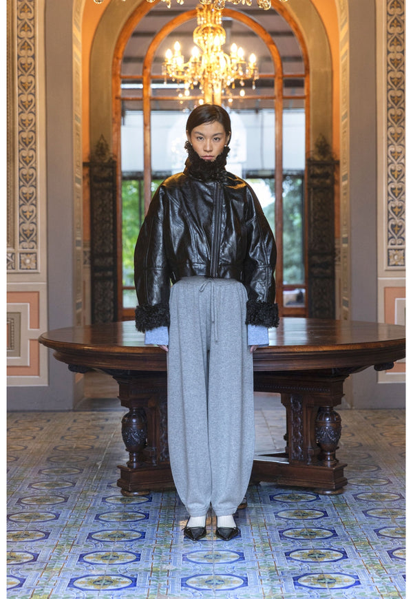 ELEH LEATHER LOOK JACKET WITH CURLY FUR DETAILS BLACK EFW260140