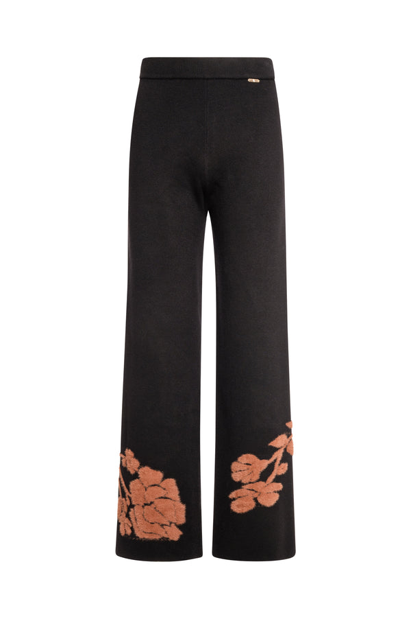 Knitted palazzo pant wide fit with flowery jacquard