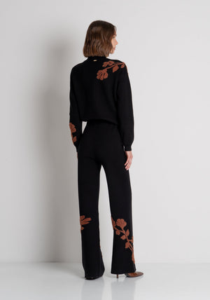 Knitted palazzo pant wide fit with flowery jacquard
