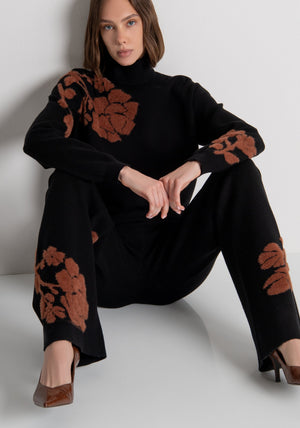 Knitted palazzo pant wide fit with flowery jacquard