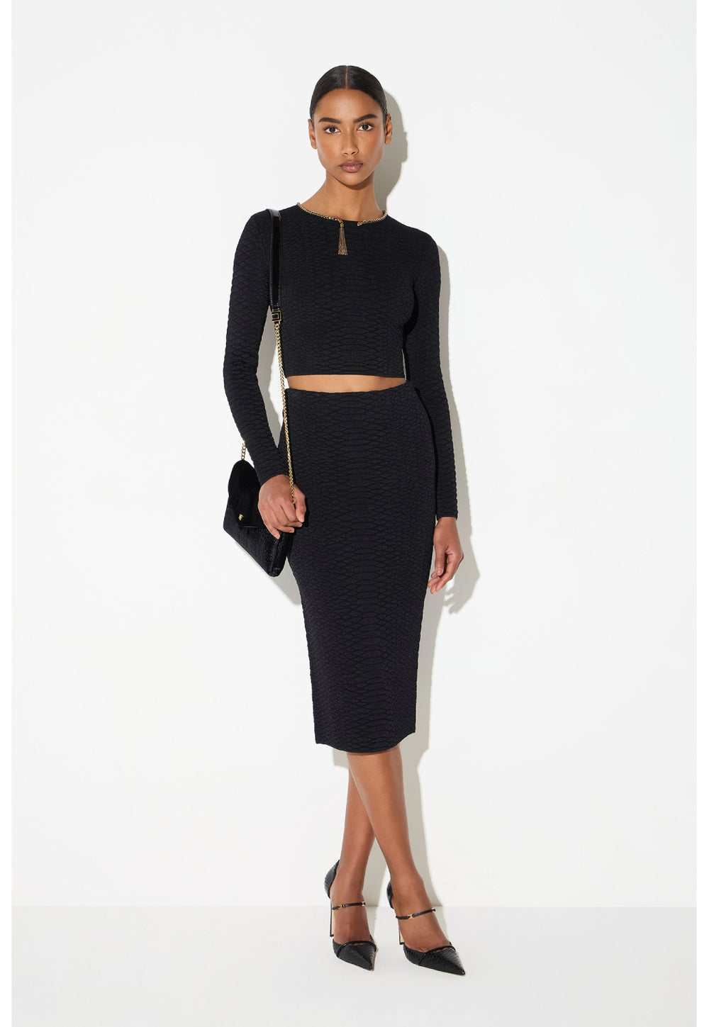 ELISABETTA FRANCHI SNAKE-PATTERN KNIT SKIRT BLK GK10S67E2