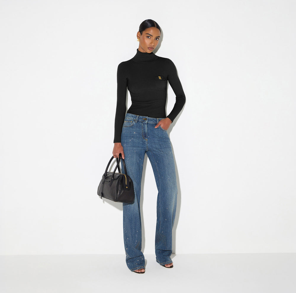 Knit turtleneck top with openwork embroideries