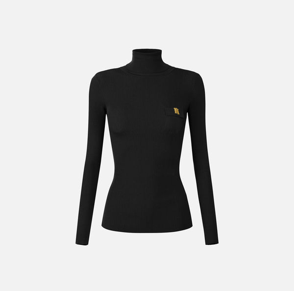 Knit turtleneck top with openwork embroideries