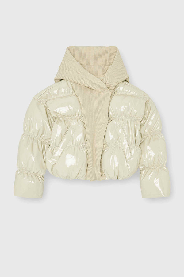 Beige Glossy Puffer Jacket With Maxi Knitted Hood - Diesel