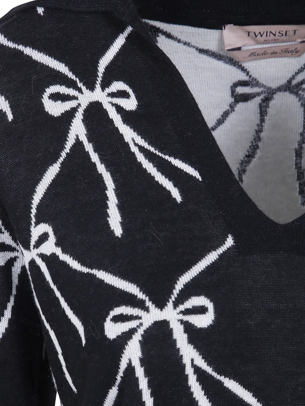 TWINSET Pull à Col v Et Motif Nœud