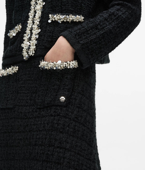 Faux-pearl midi knitted skirt