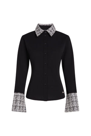 TRIČKO KARL LAGERFELD LONG SLEEVE FABRIC MIX POLO BLACK-BW E TOWER BOUCLE