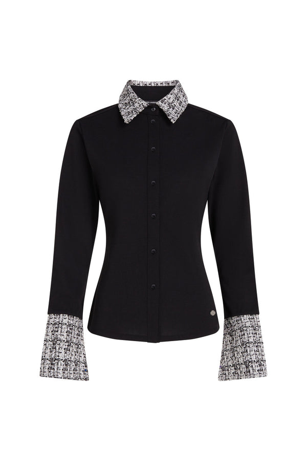 TRIČKO KARL LAGERFELD LONG SLEEVE FABRIC MIX POLO BLACK-BW E TOWER BOUCLE