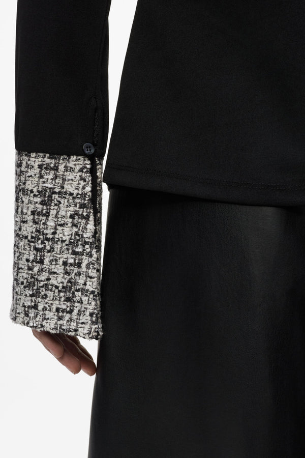 TRIČKO KARL LAGERFELD LONG SLEEVE FABRIC MIX POLO BLACK-BW E TOWER BOUCLE