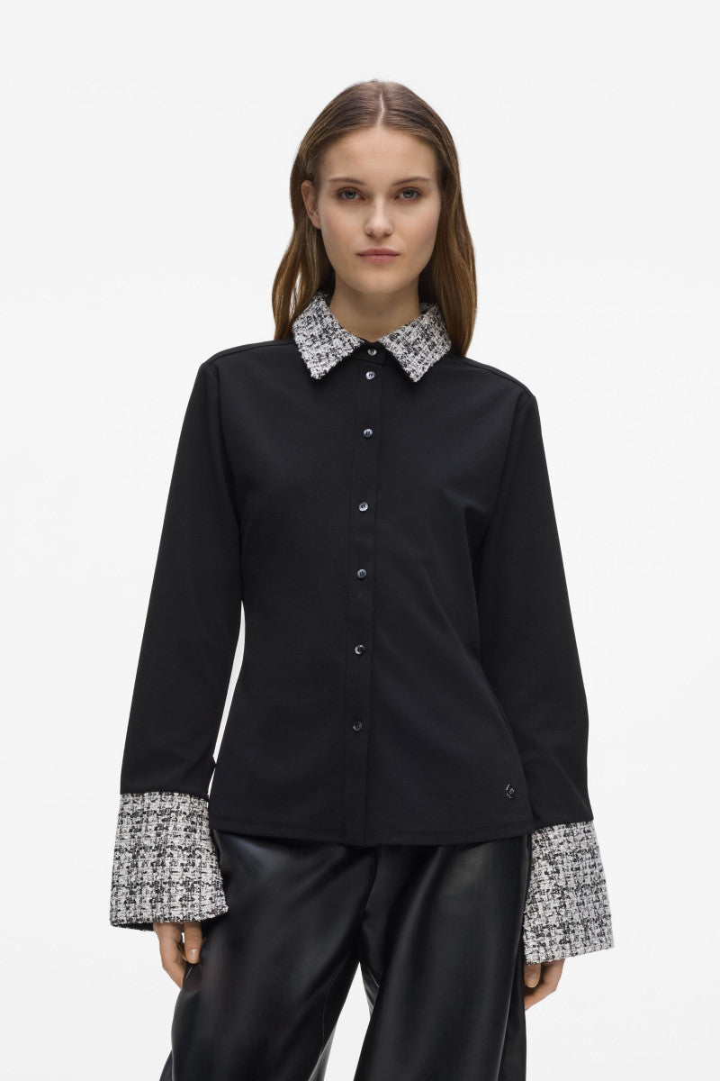 TRIČKO KARL LAGERFELD LONG SLEEVE FABRIC MIX POLO BLACK-BW E TOWER BOUCLE